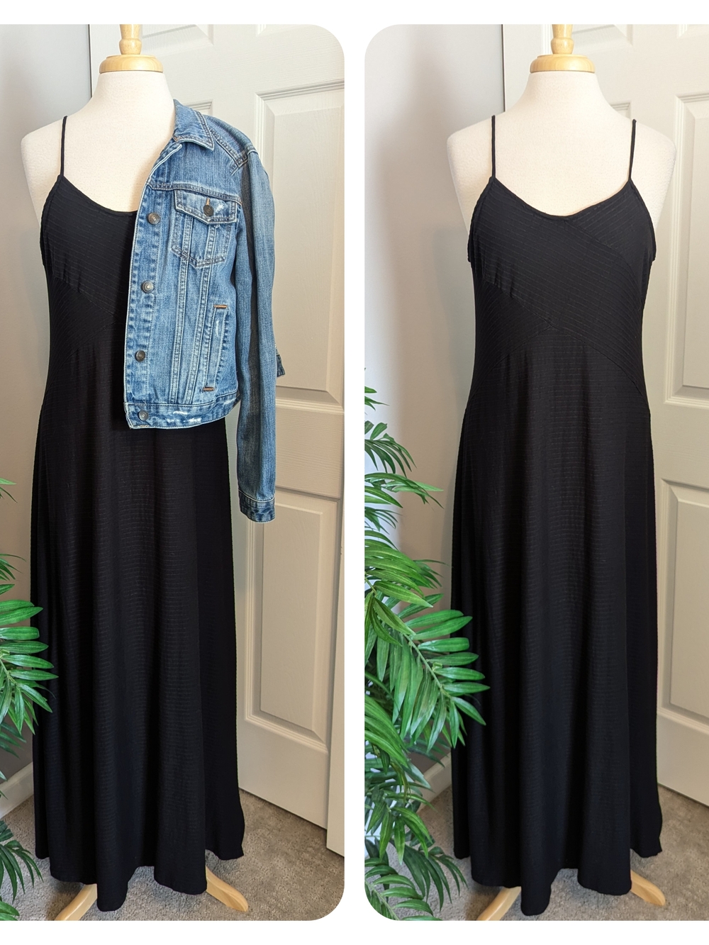 Classic Black Ribbed Maxi Slip Dress with Spaghetti Straps Large